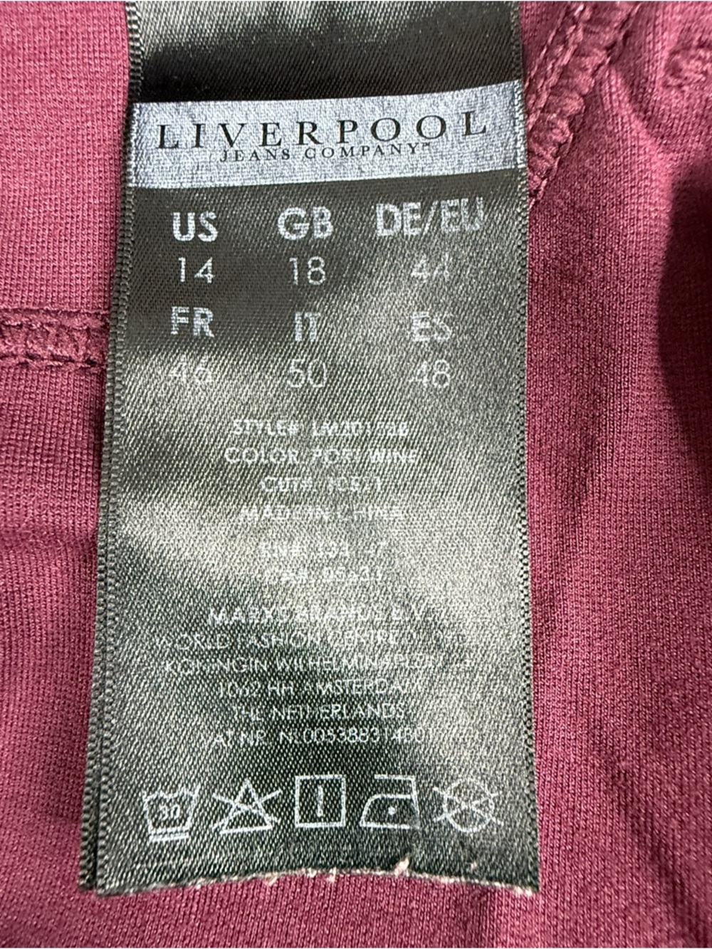 Liverpool Jeans Co Skinny Pants 14/32 Burgundy Wine Stretch Mid Rise - Picture 8 of 9